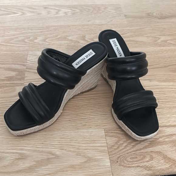 Steve Madden Black Wedge Sandals with Braided Jute Heal-size 8 - Picture 2 of 8